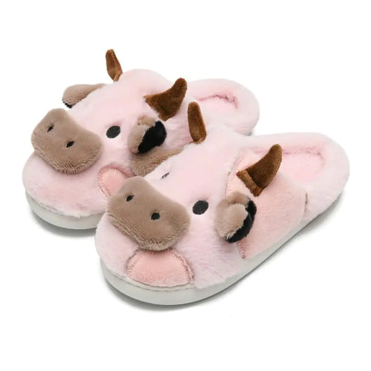 ehyseli Fluffy Cow Slippers For Women Cartoon Cow Cotton Slippers Animal Slippers Winter Indoor Outdoor Slippers For Women Girls Warm Cozy Non-Skid Comfy Home Floor Slipper Shoes