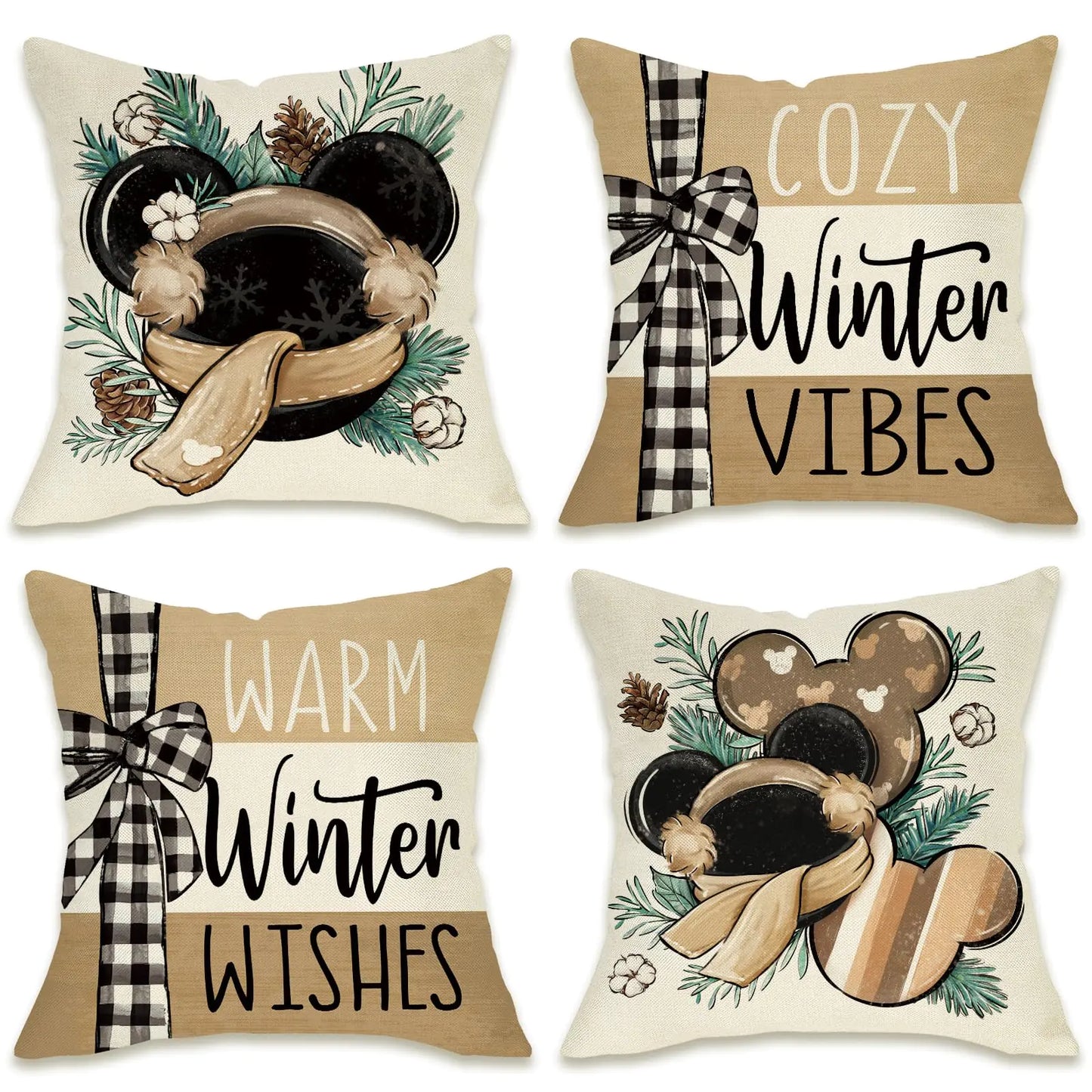 Fahrendom Warm Winter Wishes Decorative Throw Pillow Covers 16 x 16 Set of 4 Cozy Vibes Pine Needle Farmhouse Outdoor Pillowcase Seasonal Christmas Holiday Cushion Case Home Decor